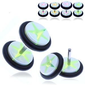 Akrylový fake plug - bílá kolečka s barevnou hvězdou - Barva piercing: Zelená