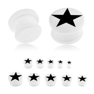 Akrylový plug bílé barvy do ucha, černá pěticípá hvězda, průhledná gumička - Tloušťka : 8 mm