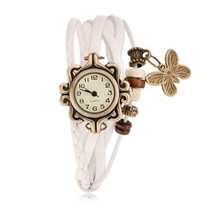 Analogové hodinky, ozdobně vyřezávané, bílý pletený řemínek, korálky