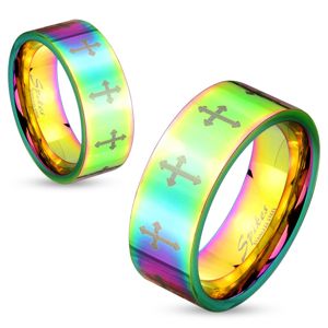 Barevný ocelový prsten s lesklým povrchem a křížky stříbrné barvy, 6 mm - Velikost: 55
