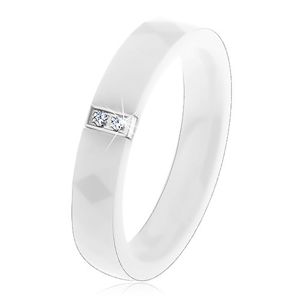 Bílý keramický prsten s hladkým povrchem, ocelový obdélník se zirkony - Velikost: 62