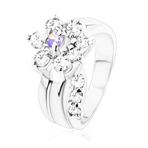 Blýskavý prsten, ohnutý stonek, zirkonový květ ve světle fialové a čiré barvě - Velikost: 49