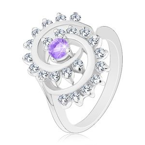 Blýskavý prsten s ozdobnou spirálou s čirým lemem, světle fialový zirkon - Velikost: 55