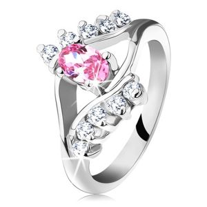 Blýskavý prsten se zirkonovým růžovo-čirým okem, rozdvojená ramena - Velikost: 60