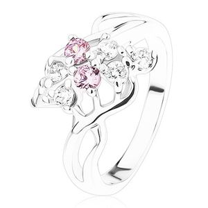Blýskavý prsten, stříbrná barva, mašlička z růžových a čirých zirkonů - Velikost: 50
