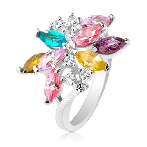 Blýskavý prsten stříbrné barvy, velký asymetrický květ z barevných zirkonů - Velikost: 56