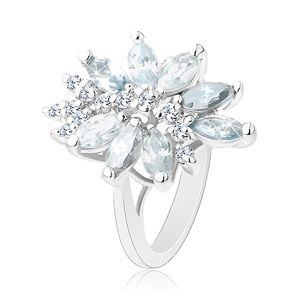 Blýskavý prsten stříbrné barvy, velký nesouměrný květ z barevných zirkonů - Velikost: 54, Barva: Mix
