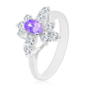 Blýskavý prsten, stříbrný odstín, fialový zirkonový ovál, čiré zirkonky - Velikost: 54
