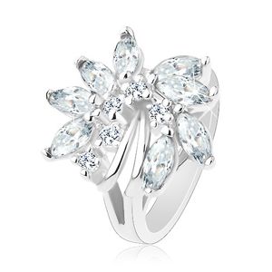 Blýskavý prsten, stříbrný odstín, nesouměrný květ ze zirkonů, lesklé obloučky - Velikost: 50, Barva: Růžová