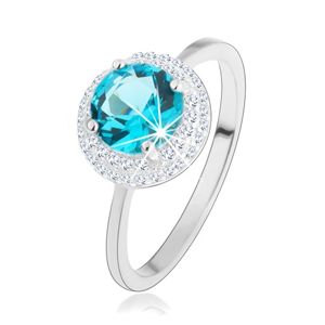 Blýskavý prsten, stříbro 925, kulatý zirkon akvamarínové barvy, čirý lem - Velikost: 54