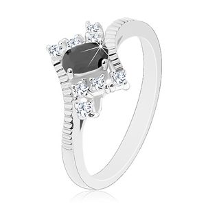 Blýskavý prsten ve stříbrné barvě, broušený černý ovál, čiré zirkony - Velikost: 52