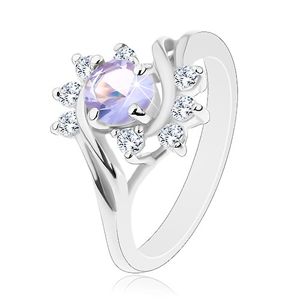 Blýskavý prsten ve stříbrném odstínu, světle fialový kulatý zirkon, obloučky - Velikost: 52
