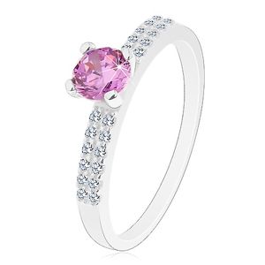 Blýskavý prsten ze stříbra 925, kulatý zirkon ve růžovém odstínu, dvojitá linie - Velikost: 50