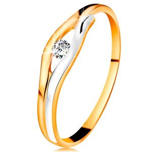 Briliantový prsten ve 14K zlatě - diamant v úzkém výřezu, dvoubarevné linie - Velikost: 64