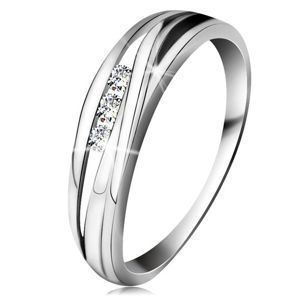 Briliantový prsten z bílého 14K zlata, zvlněné linie ramen, tři čiré diamanty - Velikost: 52