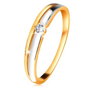 Briliantový prsten ze 14K zlata - čirý diamant v kruhové objímce, dvoubarevné linie - Velikost: 50