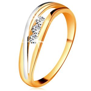 Briliantový prsten ze 14K zlata, zvlněné dvoubarevné linie ramen, tři čiré diamanty - Velikost: 62