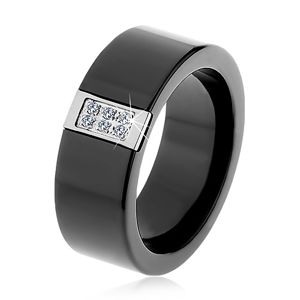 Černý keramický prsten s hladkým povrchem, ocelový obdélník se zirkony - Velikost: 64