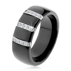 Černý keramický prsten s hladkým povrchem, tři ocelové pásy se zirkony - Velikost: 51