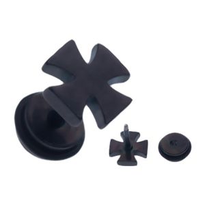 Černý ocelový fake piercing do ucha, lesklý maltézský kříž
