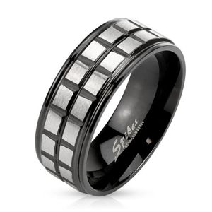 Černý ocelový prsten, dvě linie z matných stříbrných čtverců - Velikost: 70