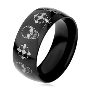 Černý ocelový prsten, lebky a kříže stříbrné barvy, 9 mm - Velikost: 70