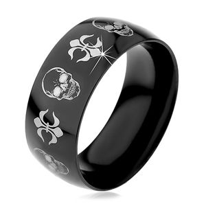 Černý ocelový prsten, lebky a symboly Fleur de Lis stříbrné barvy, 9 mm - Velikost: 72