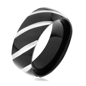 Černý ocelový prsten, lesklý povrch zdobený šikmými zářezy - Velikost: 70