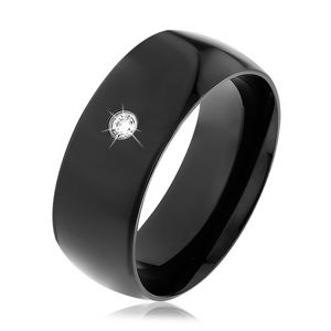 Černý ocelový prsten, lesklý vypouklý povrch, kulatý čirý zirkon - Velikost: 62
