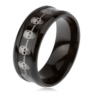 Černý prsten z oceli 316L, snížený střed s linií lebek - Velikost: 65
