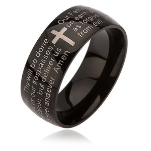 Černý prsten z oceli, stříbrný kříž, modlitba Otčenáš - Velikost: 65