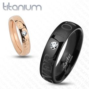 Černý prsten z titanu, blýskavý čirý zirkonek, nápis FOREVER LOVE, 6 mm - Velikost: 64