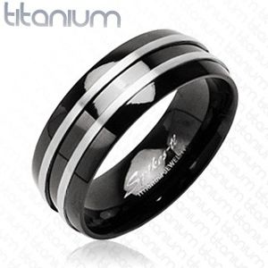 Černý prsten z titanu - dva stříbrné tenké pásy - Velikost: 57