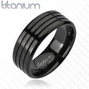 Černý prsten z titanu se třemi tenkými zářezy, vysoký lesk, 8 mm - Velikost: 59