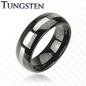 Černý prsten z wolframu, pás stříbrné barvy, zaoblený povrch, 8 mm - Velikost: 67