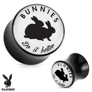 Černý sedlový plug do ucha z akrylu " Bunnies do it better" - Tloušťka : 25 mm