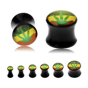 Černý sedlový plug do ucha, zelená marihuana s rasta barvami na pozadí - Tloušťka : 10 mm