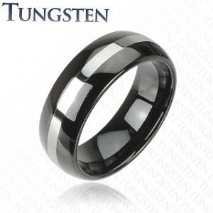 Černý wolframový prsten se stříbrným pruhem, 6 mm - Velikost: 57