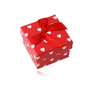 Červená dárková krabička na prsten nebo náušnice - bílá srdíčka, červená ozdobná mašle