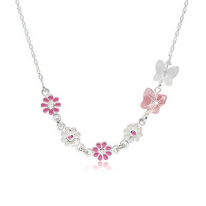 Dětský náhrdelník ze stříbra 925 - kvítky s růžovou a bílou glazurou, motýlci ze syntetických krystalů