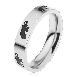 Dětský ocelový prsten stříbrné barvy, černí glazovaní sloni, vysoký lesk - Velikost: 49