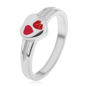 Dětský prsten z chirurgické oceli, stříbrná barva, srdce s červenou glazurou - Velikost: 50