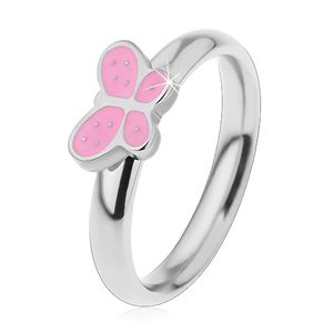 Dětský prsten z chirurgické oceli, stříbrný odstín, motýlek s růžovou glazurou - Velikost: 44