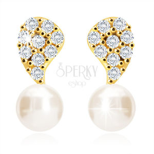 Diamantové náušnice ze 14K zlata - obrácená slzička, čiré brilianty, sladkovodní bílá perla