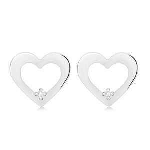 Diamantové náušnice ze stříbra 925 - obrys srdce s čirým briliantem, puzety