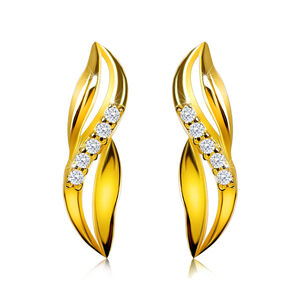 Diamantové náušnice ze žlutého 9K zlata - propletené vlnky, briliantová linie, puzetky