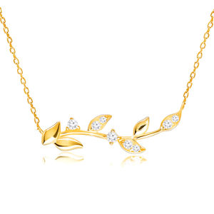 Diamantový náhrdelník ze žlutého 14K zlata - stonek s hladkými a briliantovými listy