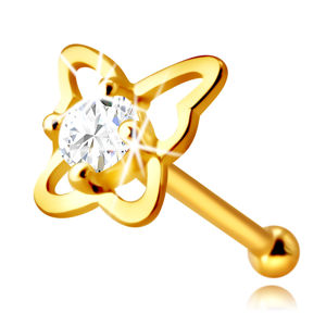 Diamantový piercing do nosu ze 14K žlutého zlata - kontura motýla s briliantem, 2,0 mm
