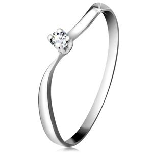 Diamantový prsten z bílého 14K zlata - blýskavý briliant v kotlíku, zvlněná ramena - Velikost: 60