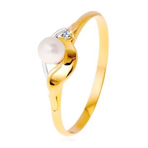 Diamantový prsten ze 14K zlata, dvoubarevné vlnky, čirý briliant a bílá perla - Velikost: 64